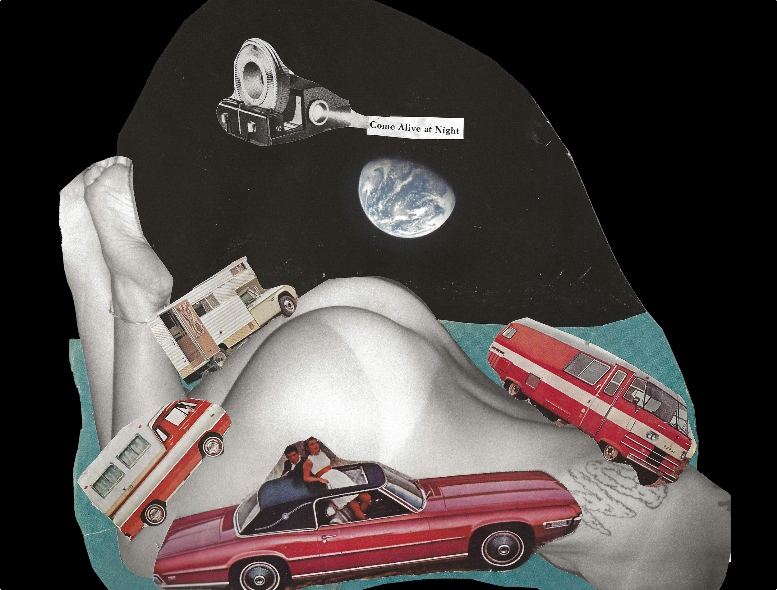 Abstract collage composed of torn vintage images. A silhouette of a woman's body in space with vintage cars and RV's driving over it. A projector with the words "come alive at night" next to the distance Earth is at the top of the collage. 
