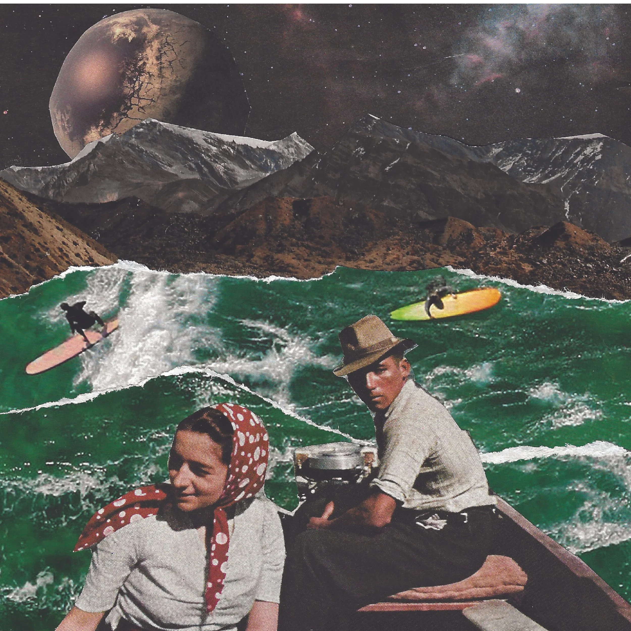 Abstract collage made of torn images and vintage photographs. A man in a fedora and woman in bonnet sit in a speedboat. Behind them are surfers on the ocean, mountains, space and a planet behind the mountain peak. 