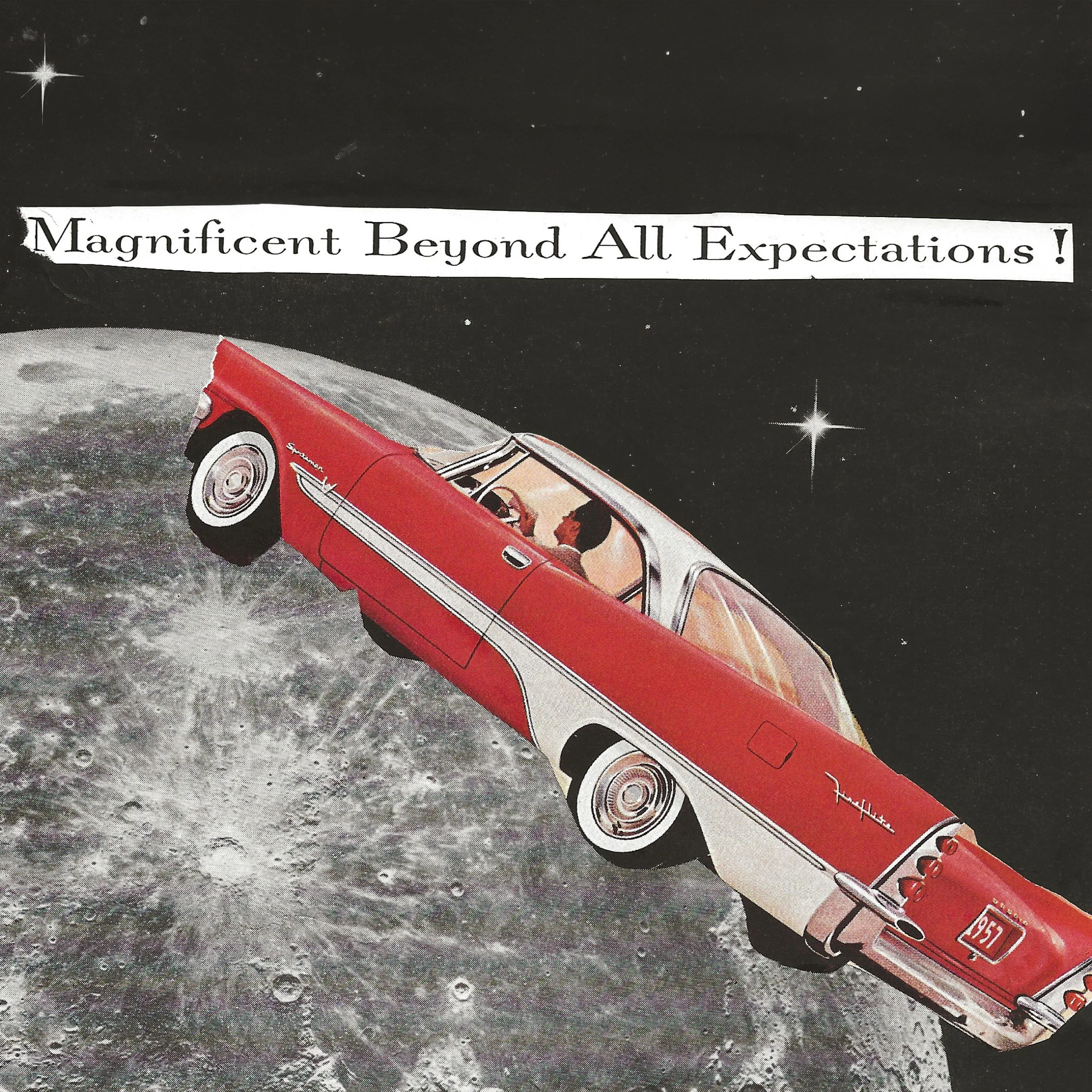 collage of red and white vintage car on the moon