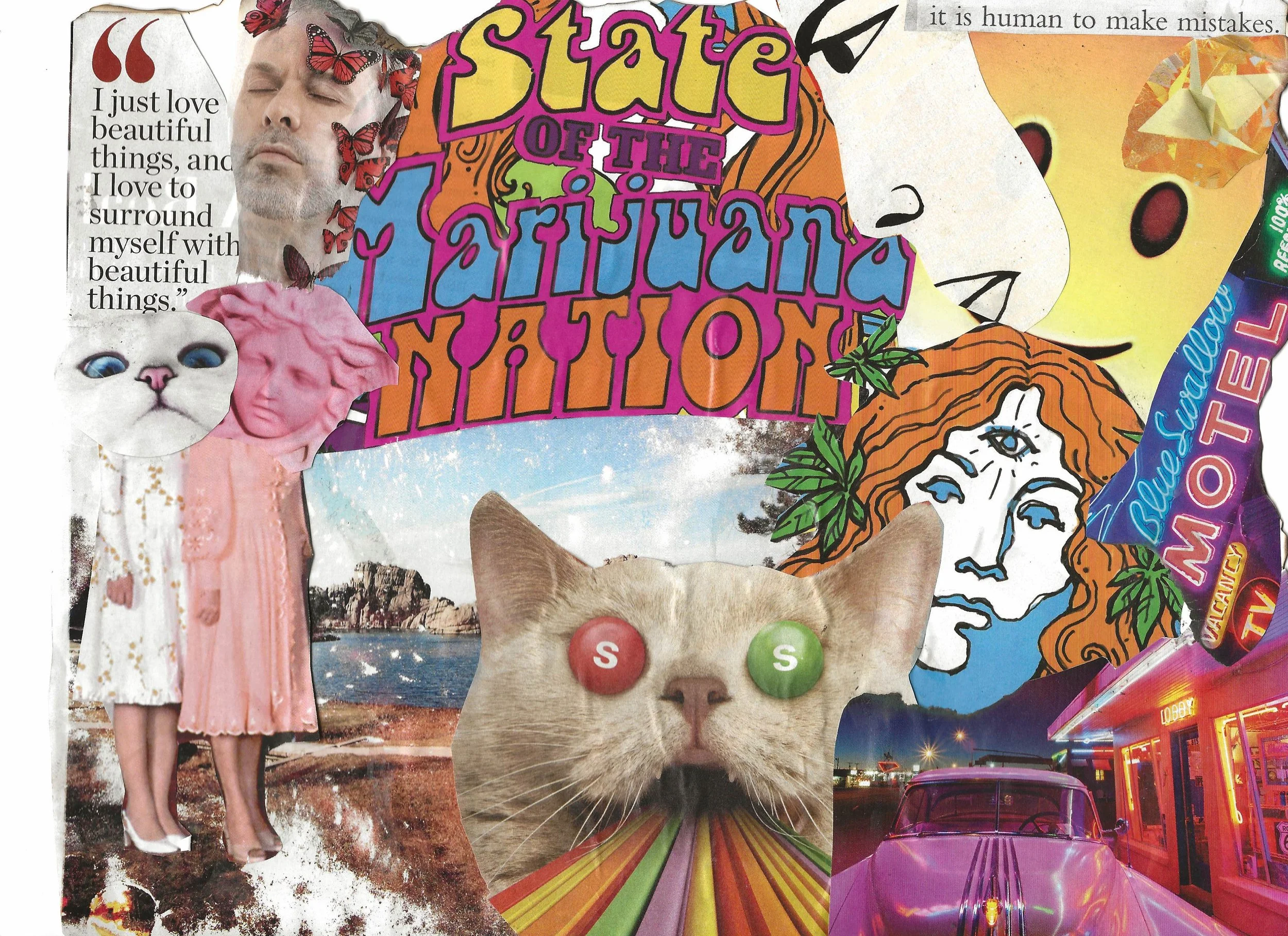 Abstract colourful collage with cat that has skittles for eyes, butterflies, women in dresses with cat and statue faces and illustrations. Text says "state of the Marijuana Nation" 