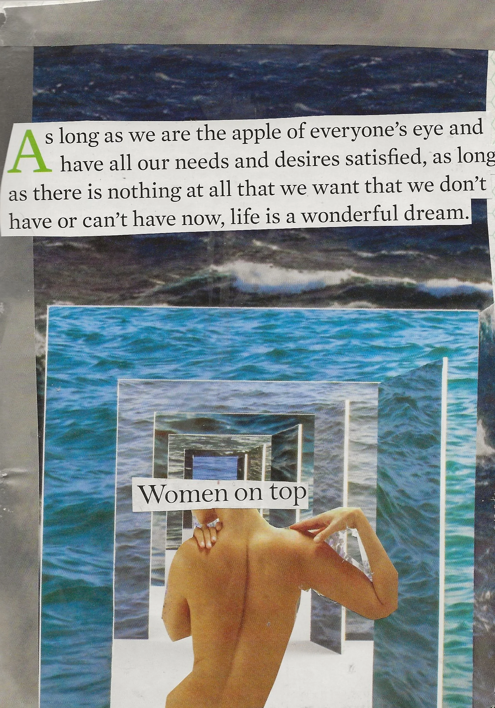 Abstract collage of torn images and layers of the ocean in different shades of blue. A silhouette of a woman's body with the words "women on top" is at the centre. An excerpt of an article appears at the top. 
