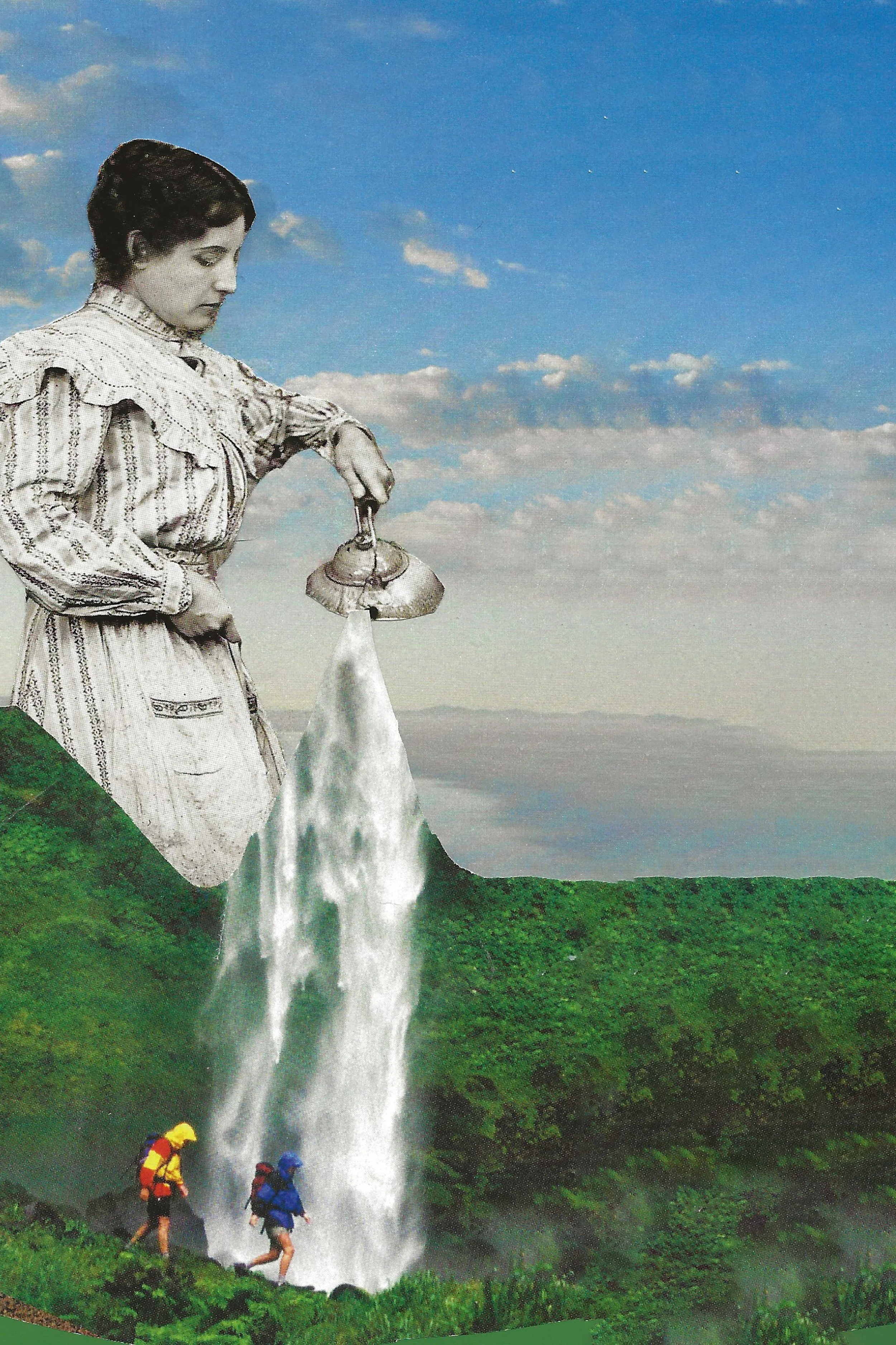 Abstract collage of woman pouring a tea kettle into a waterfall. A couple below is hiking the green hills that are beside the waterfall. 