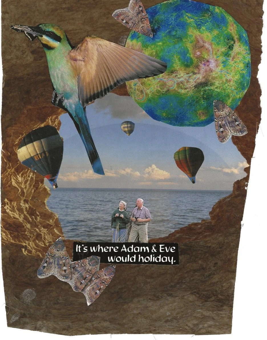 An abstract collage composed of torn images from vintage magazines. Featuring an older tourist couple holding cameras and peering into a cave that has giant moths, colourful birds and air balloons. Words "it's where Adam and Eve would holiday".  
