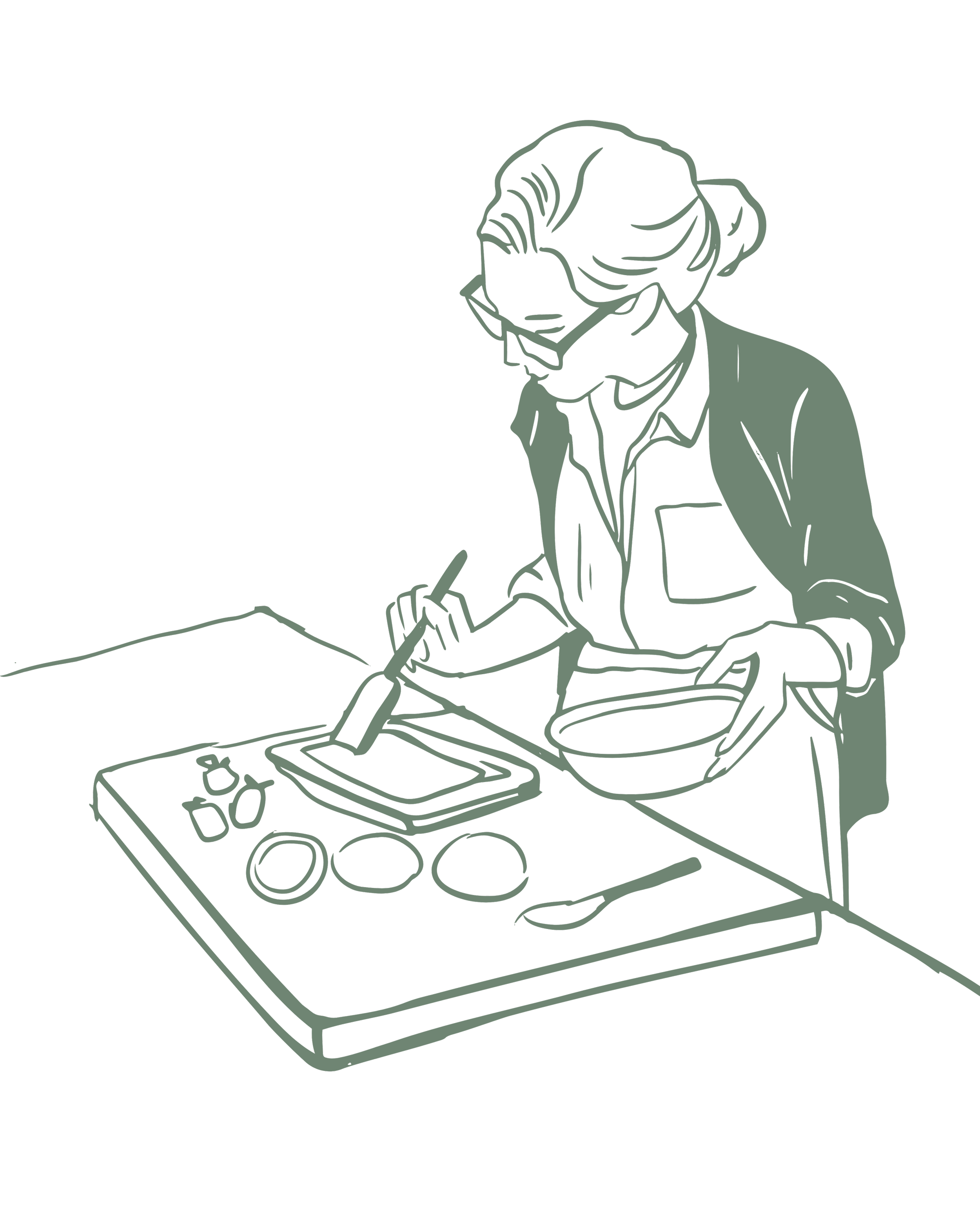 Line drawing of a person cooking in a kitchen, stirring a bowl near a stove.