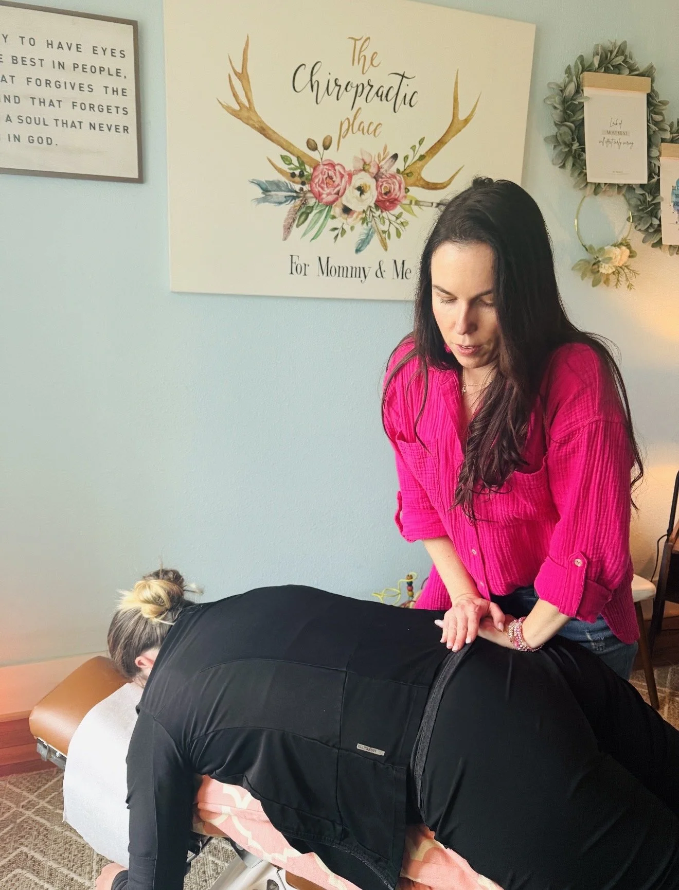 Pregnancy specific chiropractic adjustment with an expecting mother in her third trimester at The Chiropractic Place for Mommy and Me in Aledo, Texas with Dr Michelle Parker