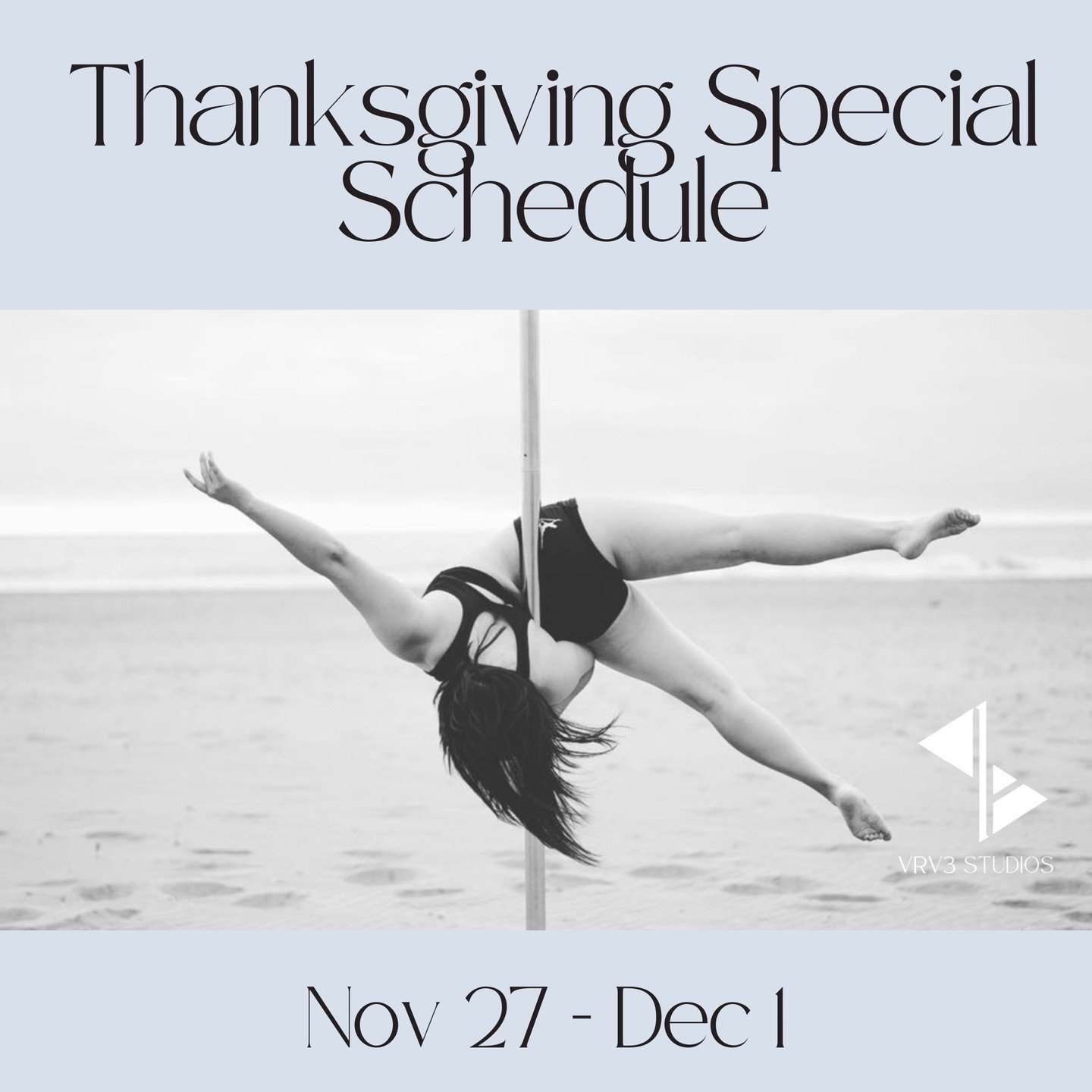 Need your pole or aerial fix over the holiday weekend? We got you! We will be closed on Thanksgiving, but will have special class schedules the rest of the weekend. Sign up early!