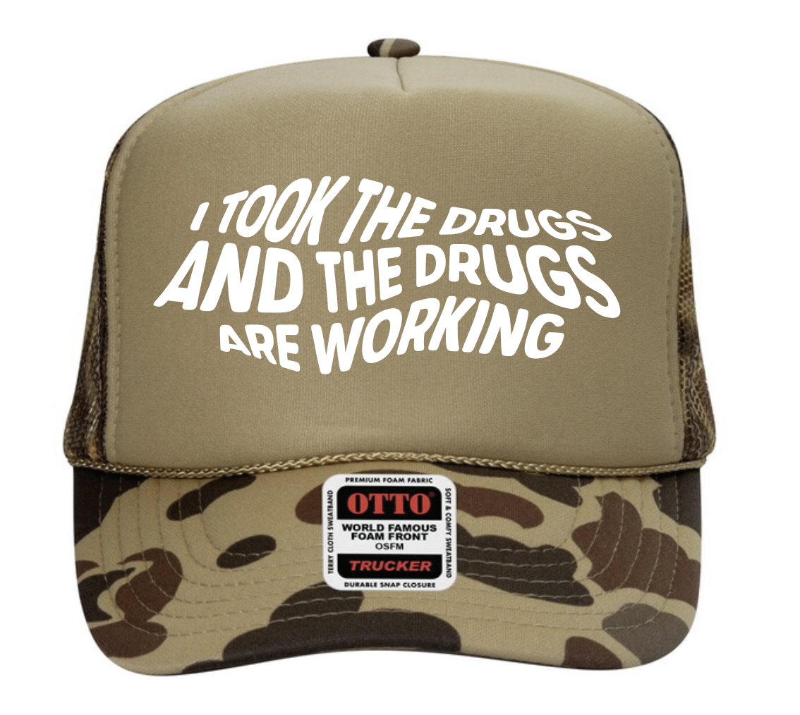 I TOOK THE DRUGS HAT - Beige/Green Camo