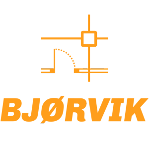 Logo mit technischer Zeichnung und dem Namen 'BJØRVIK' in Orange.