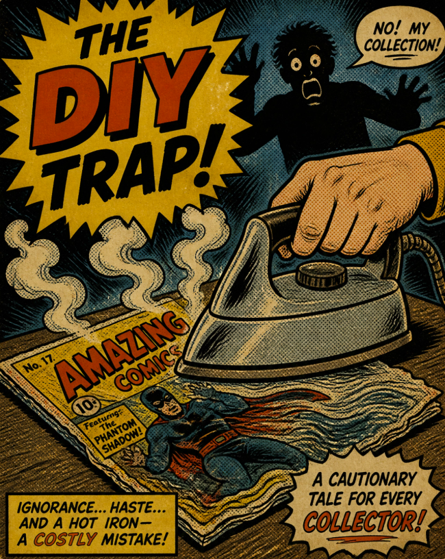 Cautionary illustration of DIY comic book pressing risks with a household iron versus professional comic book restoration services