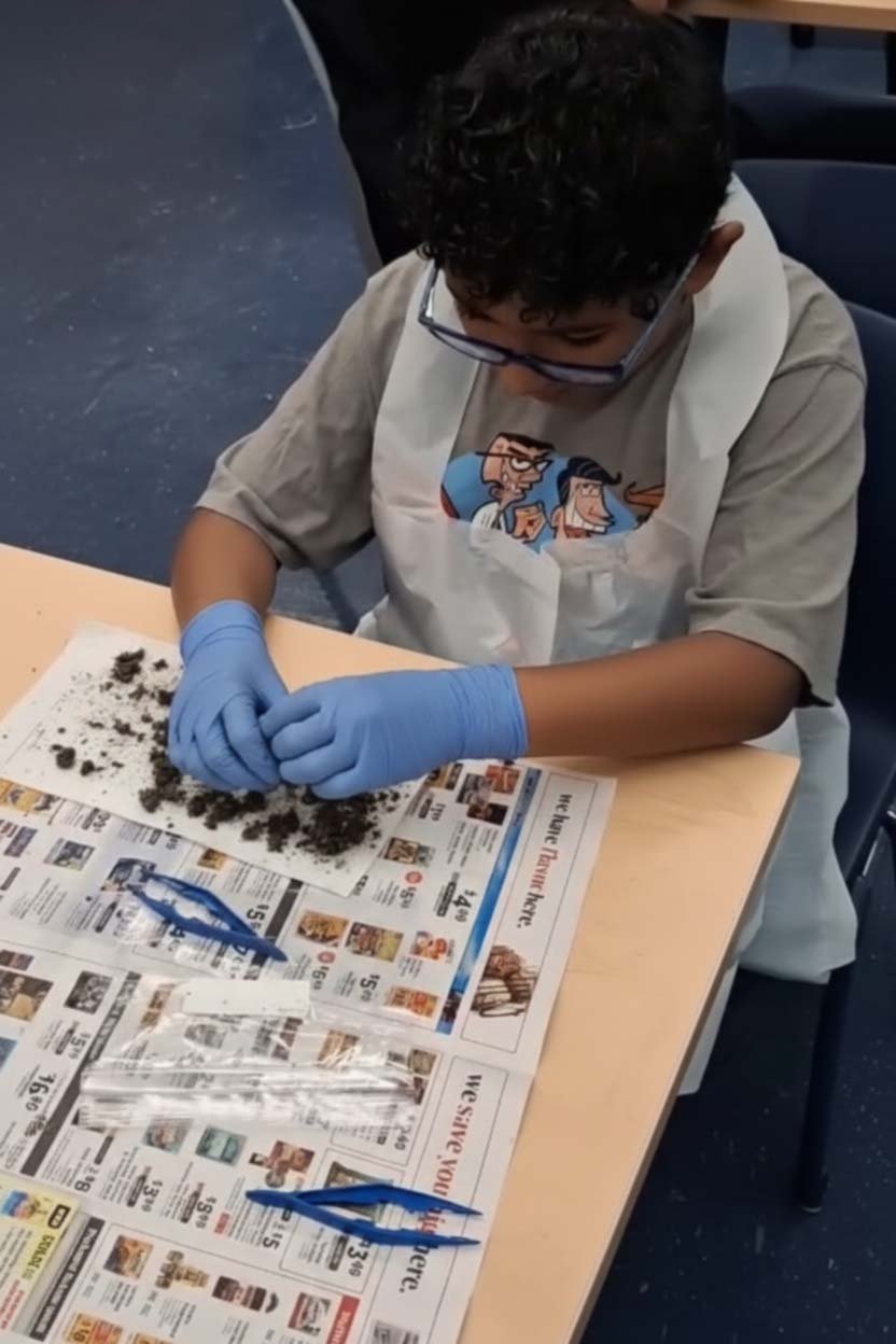 A student wearing gloves dissecting an owl pellet during a science club activity.