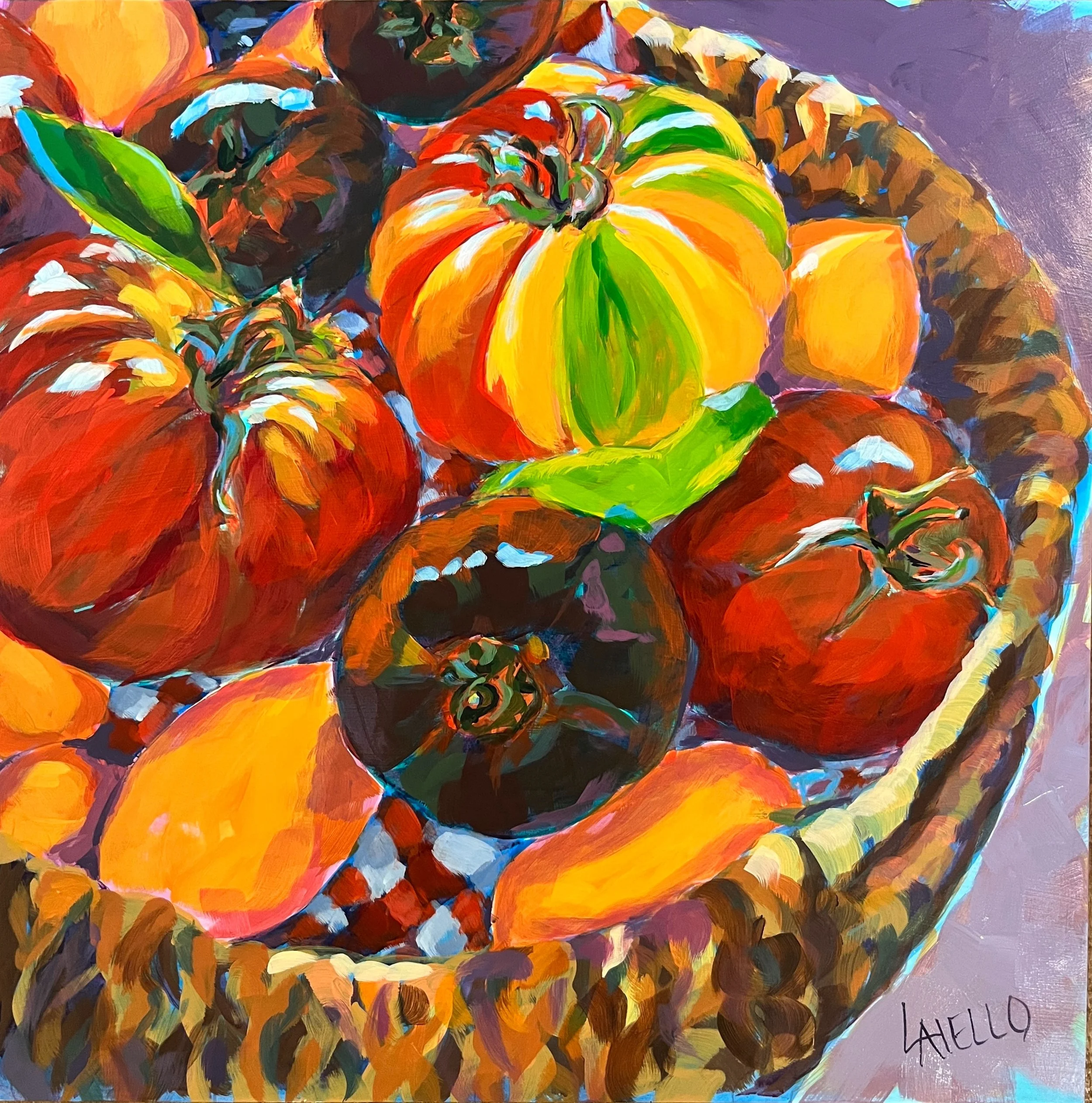 "Tomato Pride" 16x16" Acrylic on 2" cradled wood panel.  Sides painted black.  Sold at Tomato Fest 2026.