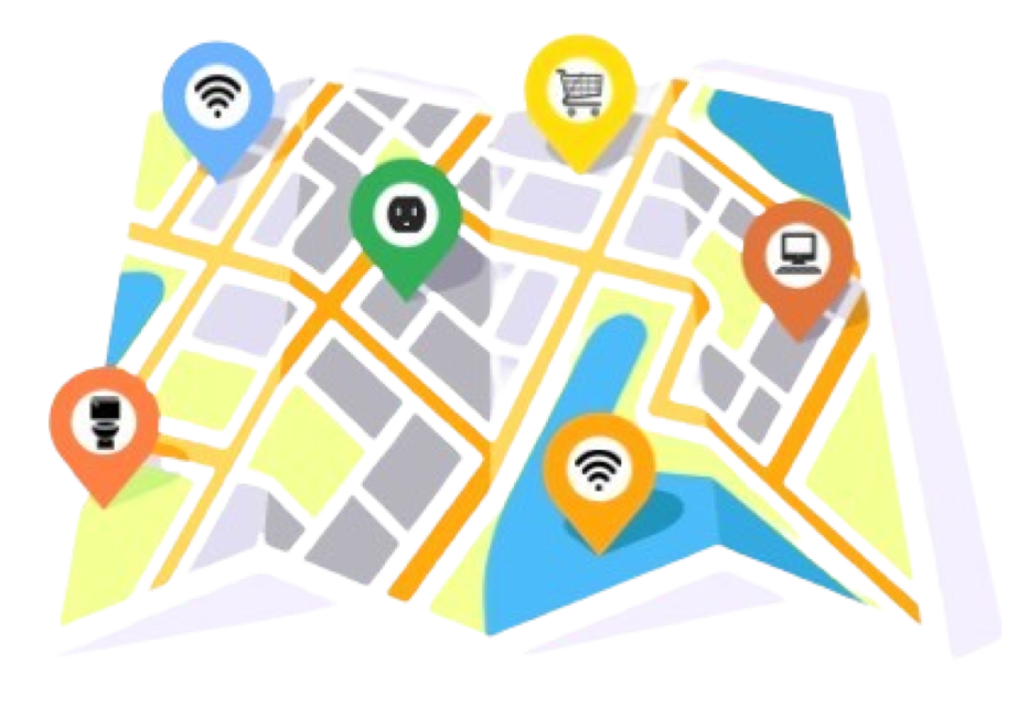 Smartphone displaying a map with location markers near water, a shopping cart, and Wi-Fi icons.