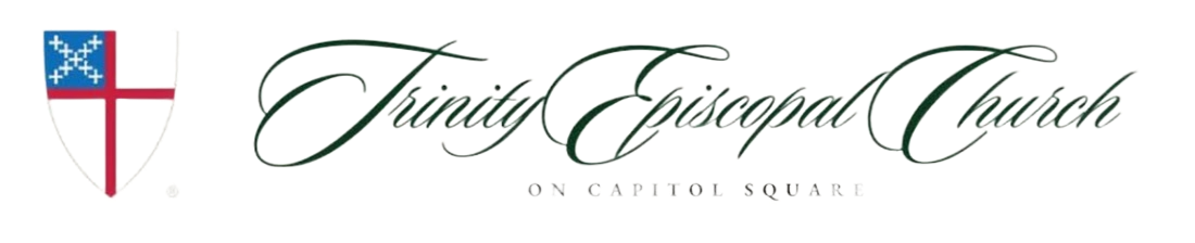 Logo of Trinity Episcopal Church on Capitol Square featuring a shield with a red cross and blue background with white stars, and elegant green script text.