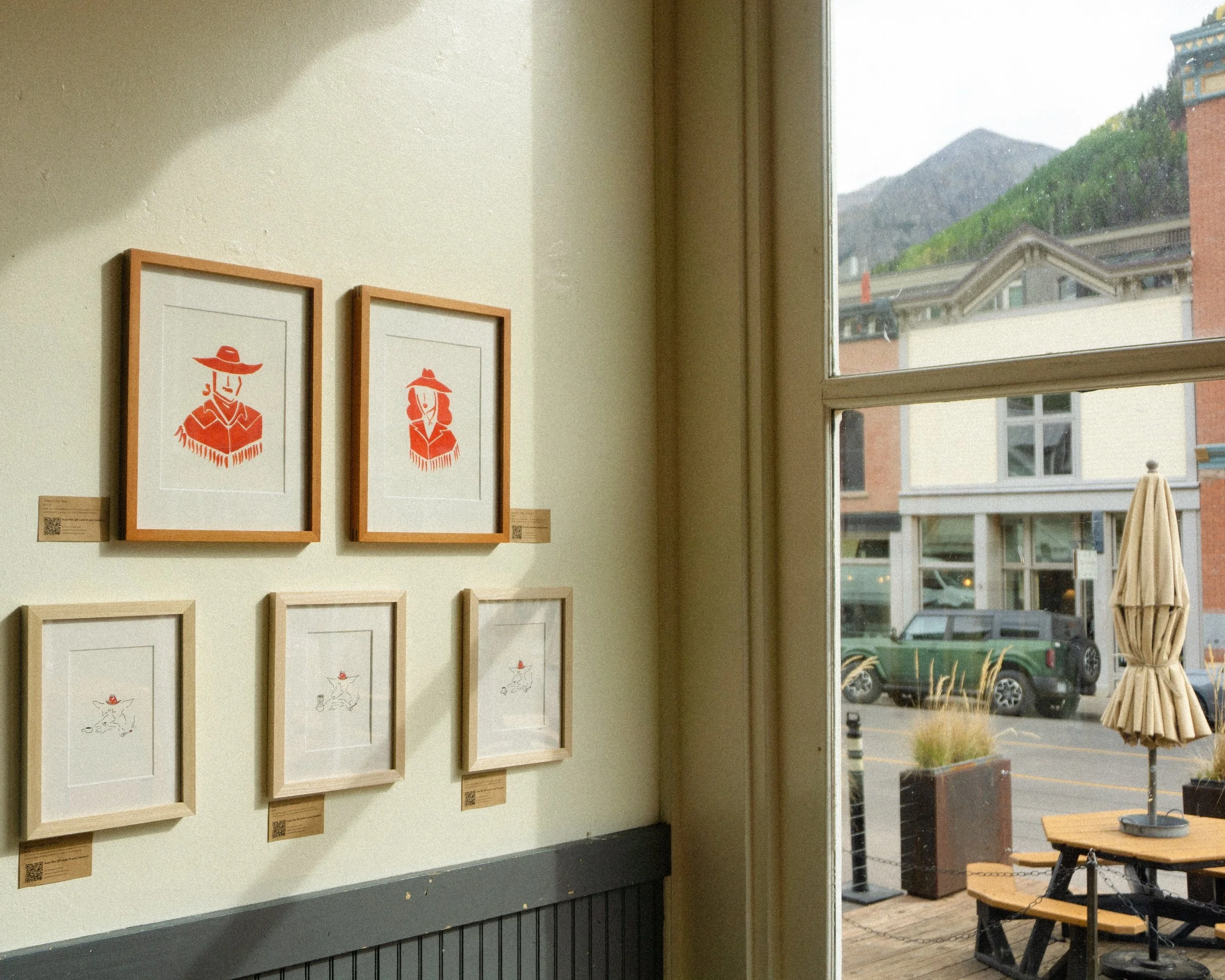 Art hung up at the lovely @thebutcherthebaker in downtown Telluride just in time for peak colors and leaf peepers to arrive! These pieces, prints &amp; originals, will be on display and available for purchase through the month of October 🍂🧡

#conte