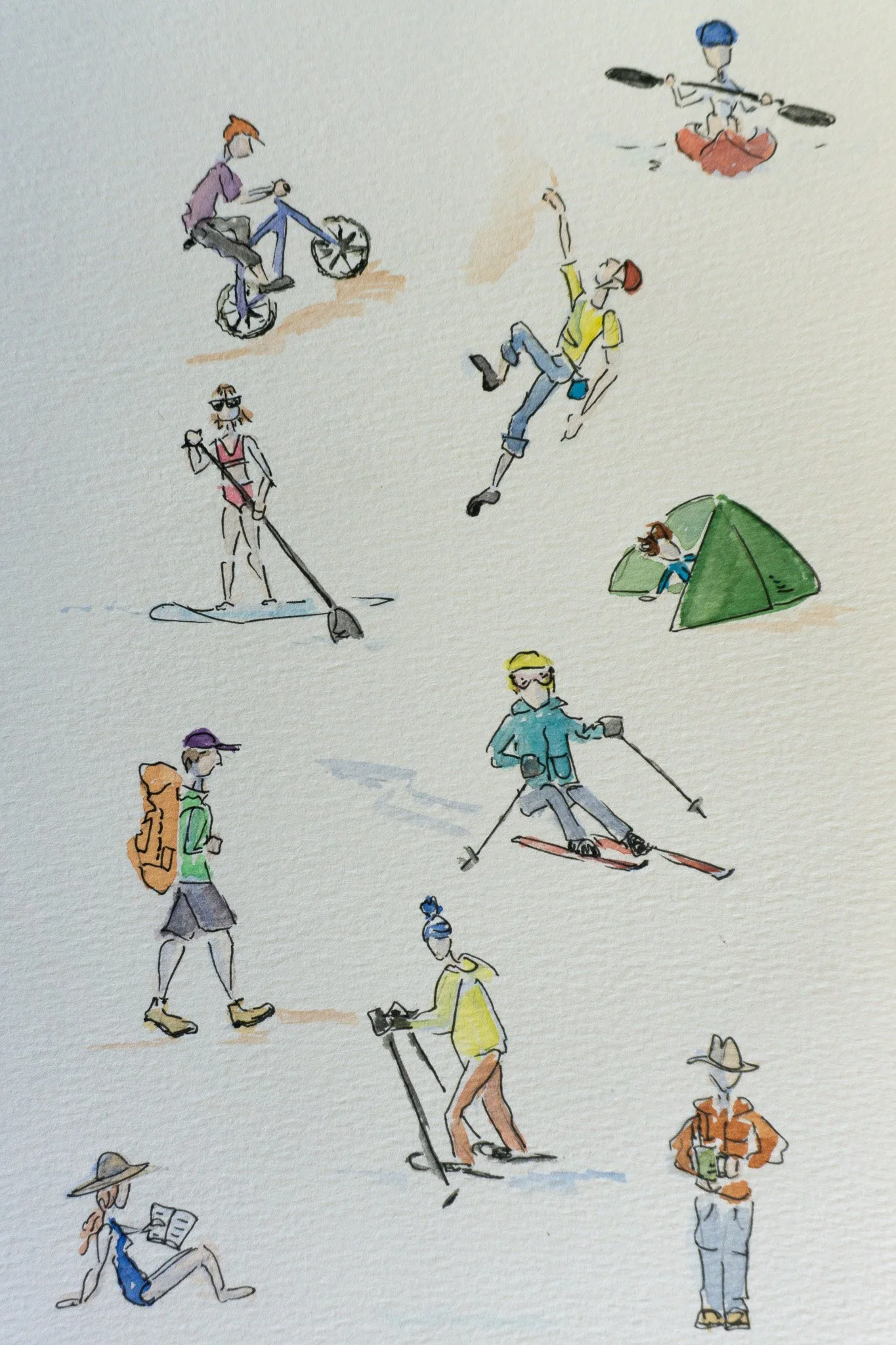 Illustration of people doing outdoor activities like kayaking, skiing, hiking, camping, unicycling, rock climbing, paddleboarding, and relaxing on the beach.