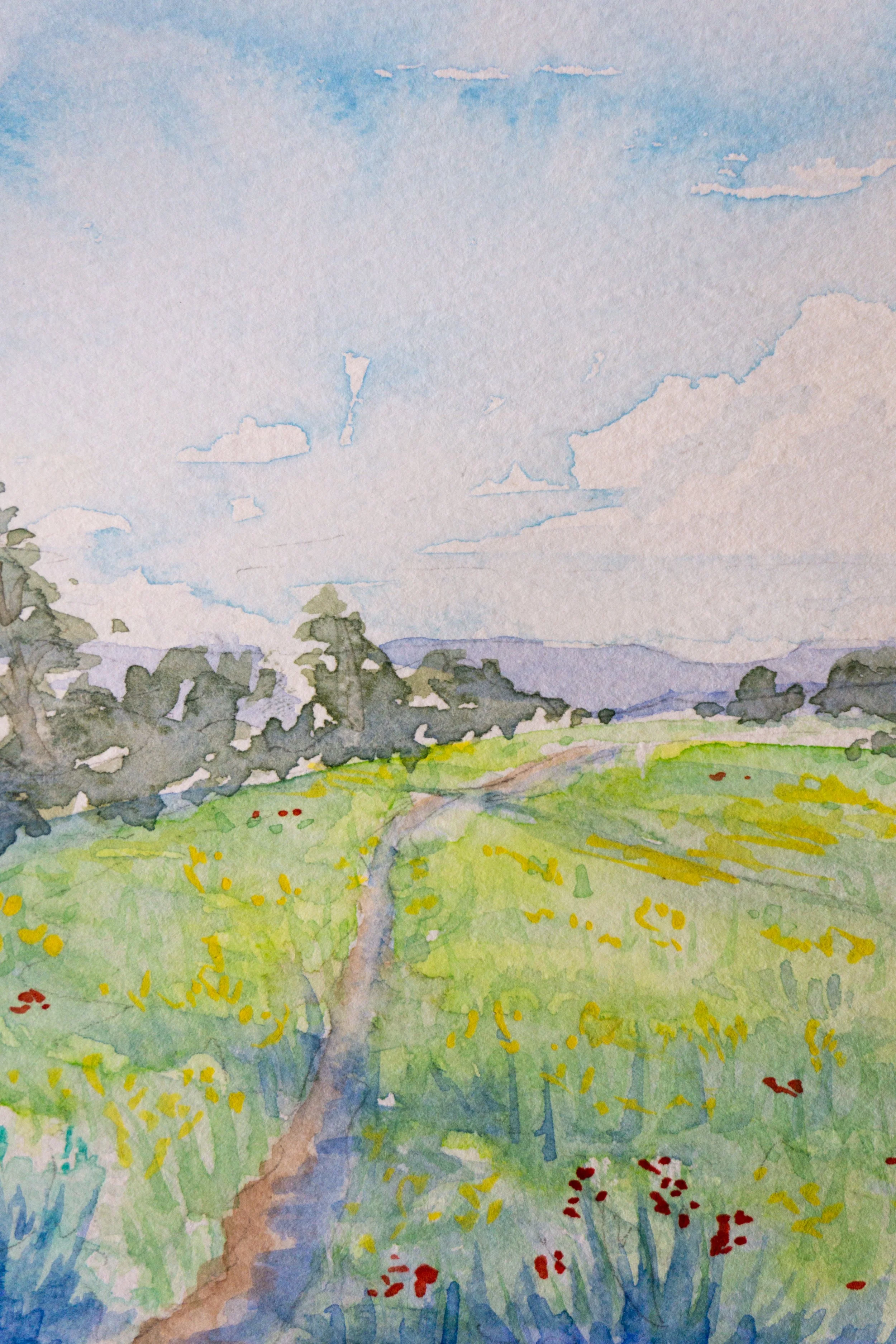 Watercolor painting of a scenic landscape with a grassy field, a winding path, wildflowers, distant trees, and a blue sky with clouds.