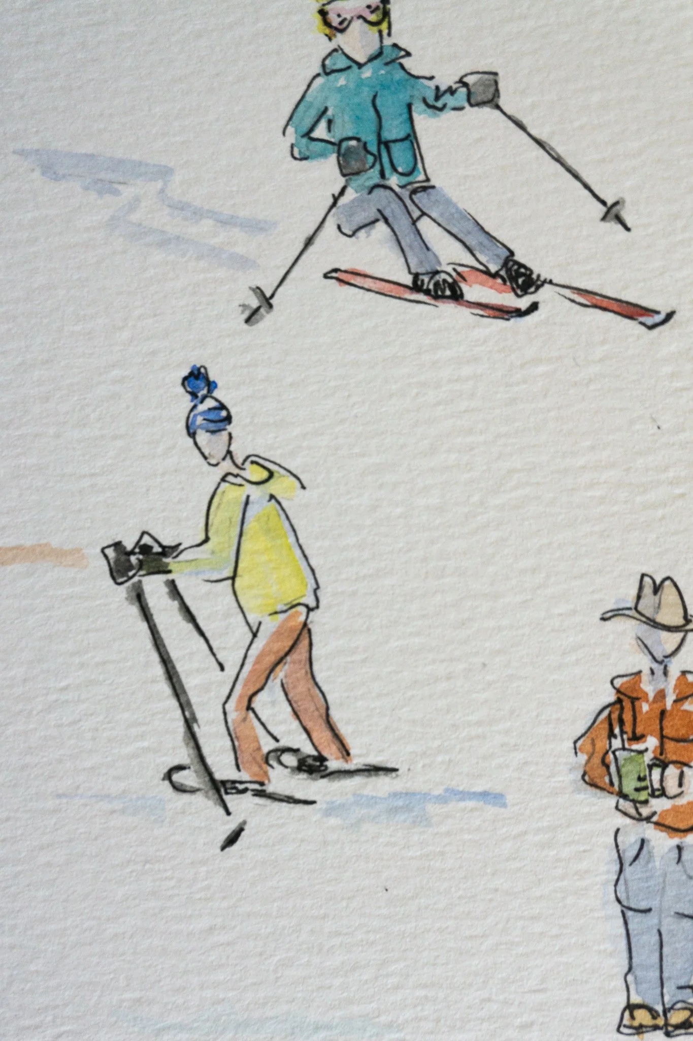Watercolor painting of people engaged in winter activities, including skiing and a person wearing a cowboy hat, on a textured paper background.