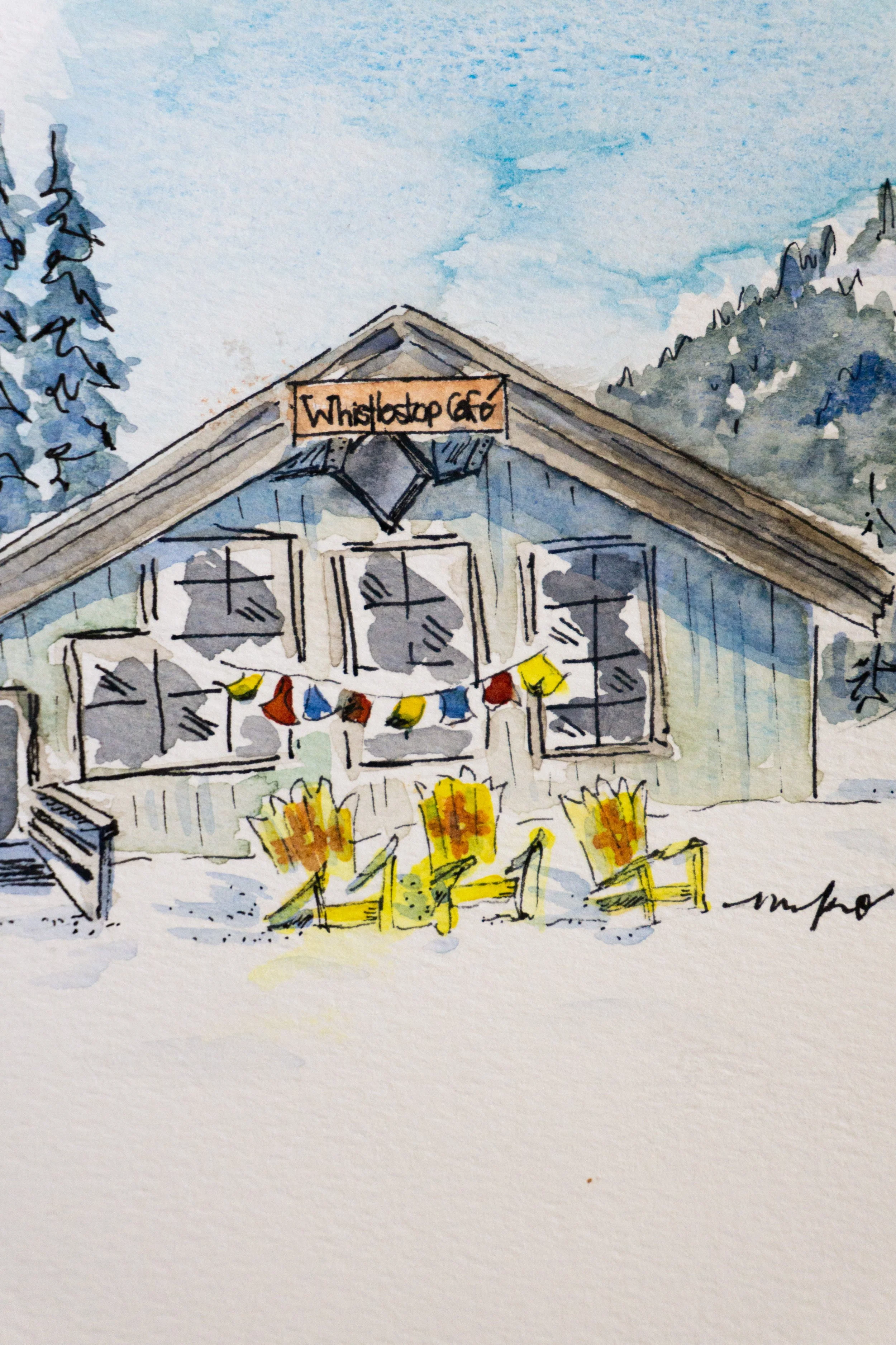 Watercolor painting of Whistlestop Café with snowy mountain background