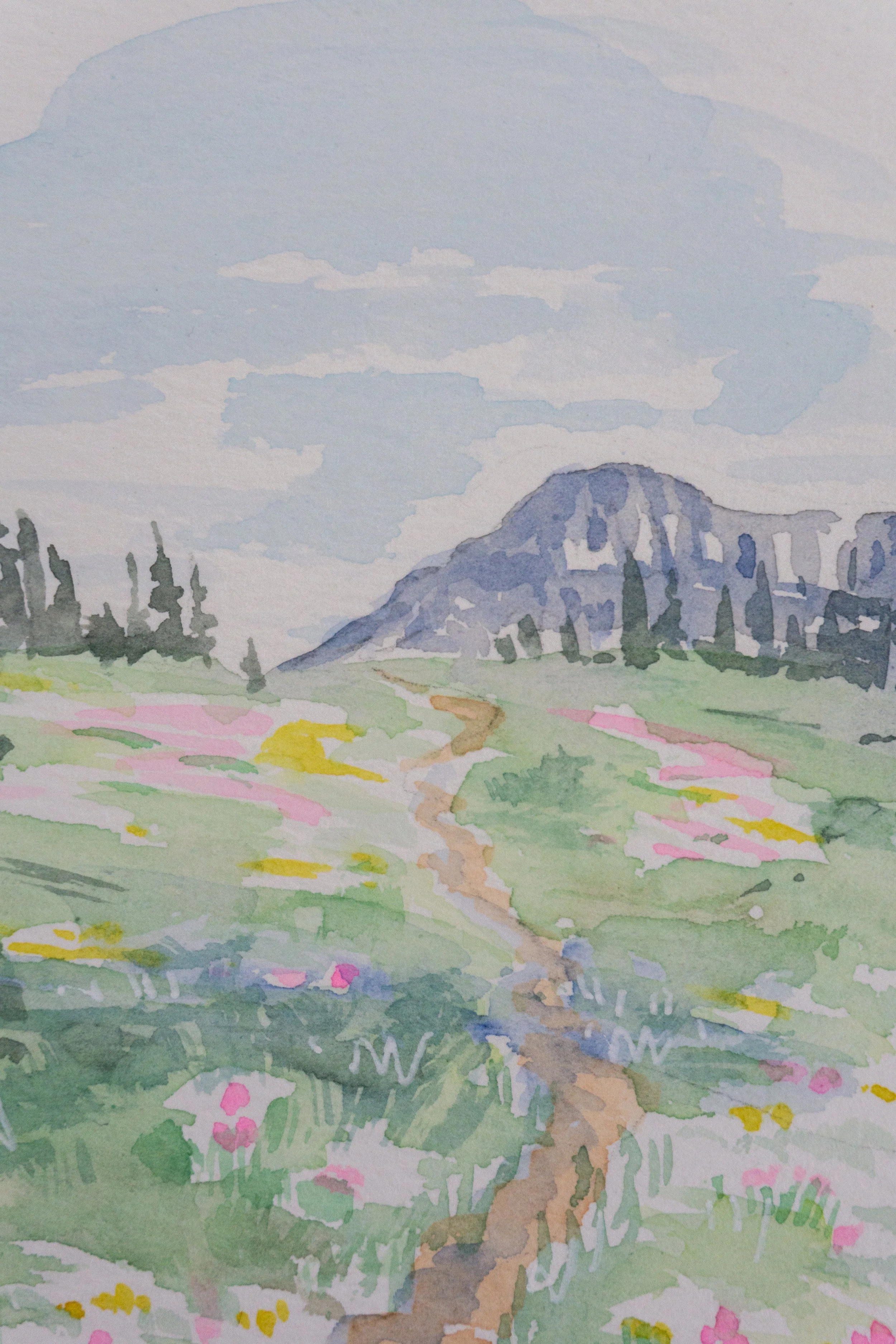 Watercolor painting of a scenic landscape with a path leading through colorful fields of wildflowers towards distant mountains and a light blue sky with clouds.