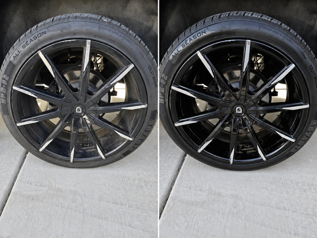 side by side of an escalade wheel. severe curb rash but they came out great