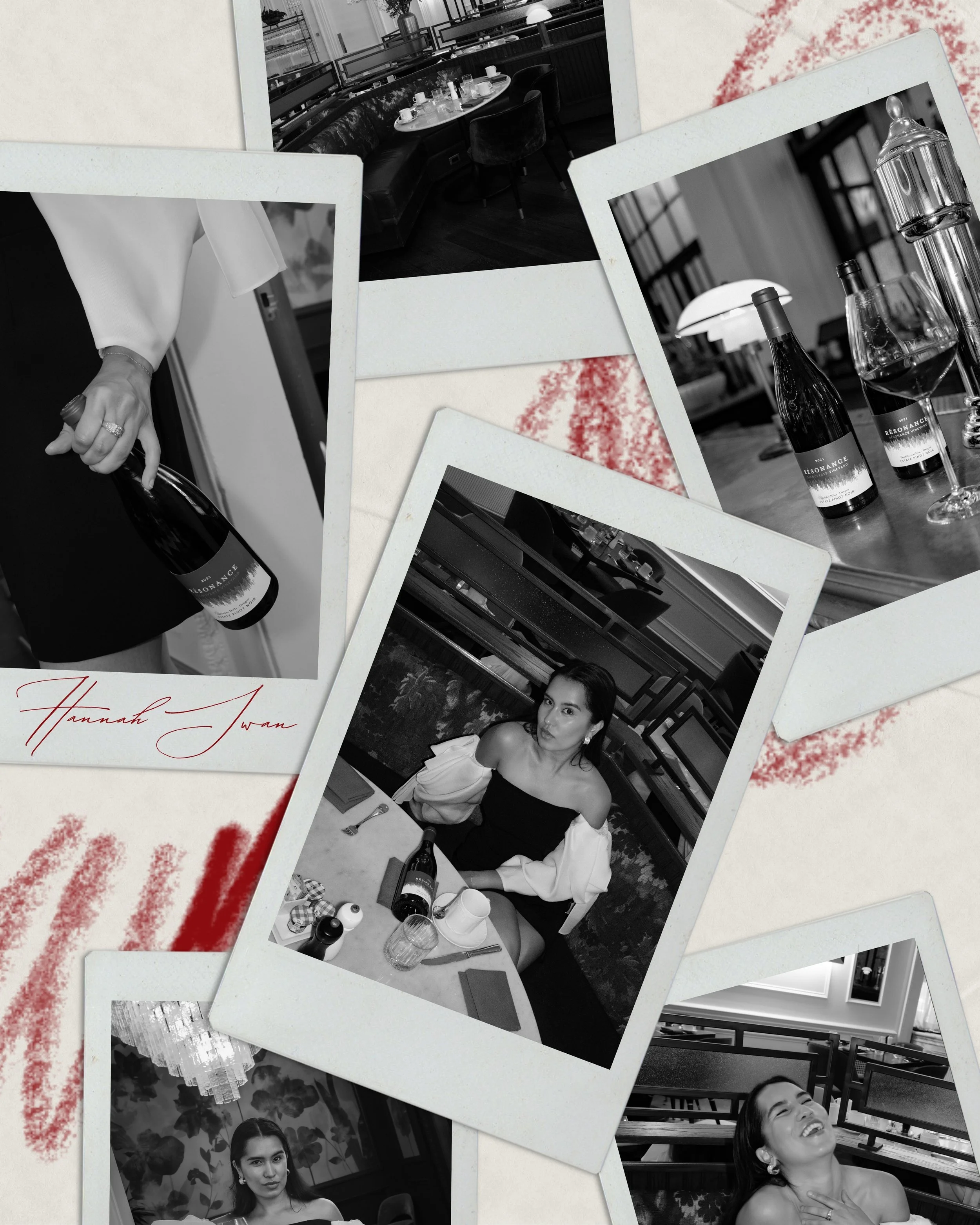 A collage of black and white photos showing a woman at a restaurant, holding a wine bottle, sitting at a table with wine bottles, and smiling, with a decorated background and artwork.