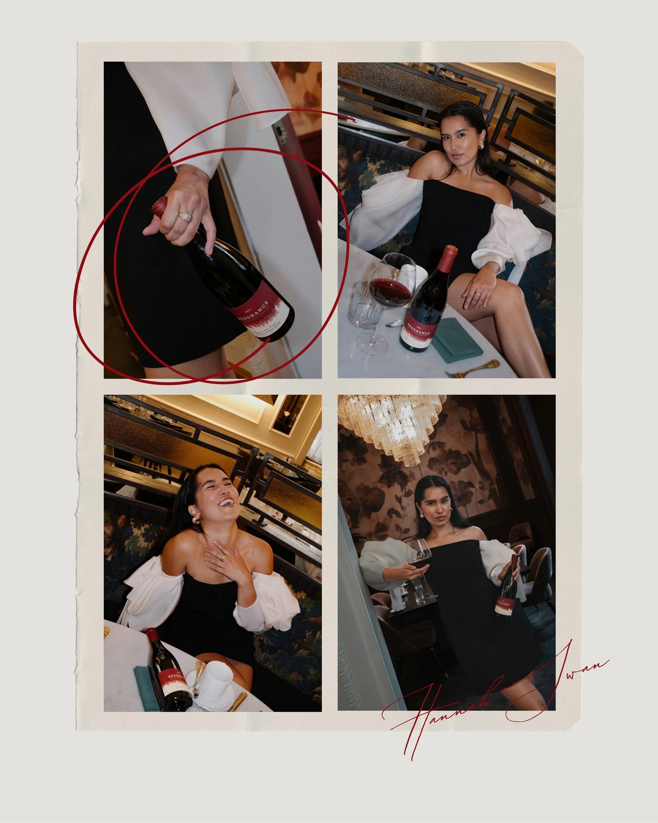 A collage of four photos featuring a woman in a black dress with white puffy sleeves, holding a bottle of red wine in a fancy restaurant setting. The top left photo shows her hand holding the wine bottle. The top right shows her sitting at a table with the wine, looking at the camera. The bottom left shows her laughing with her hand on her chest, and the bottom right shows her standing with the wine and glass, posing with a chandelier and elegant decor in the background.