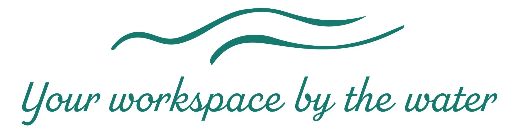 Logo with stylized water waves and the text 'Your workspace by the water' in cursive font.
