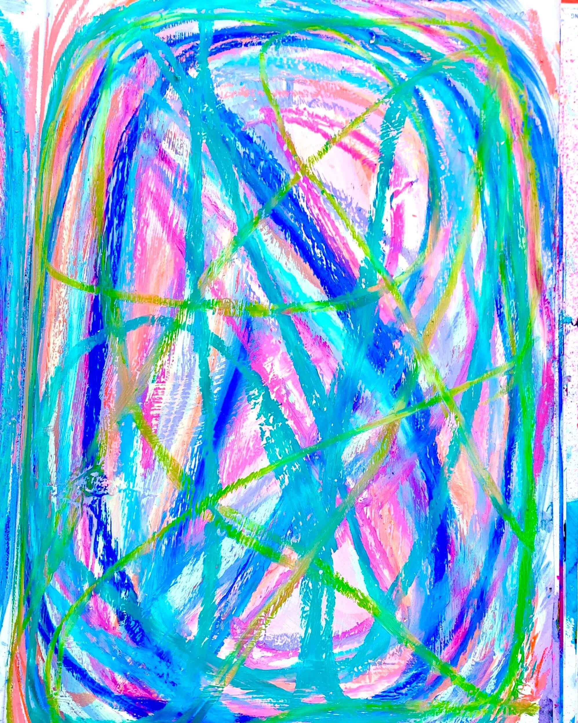 Patricia Rapp Color Abstract Artist art sketch with vibrant swirling lines in blue, pink, green, and purple.