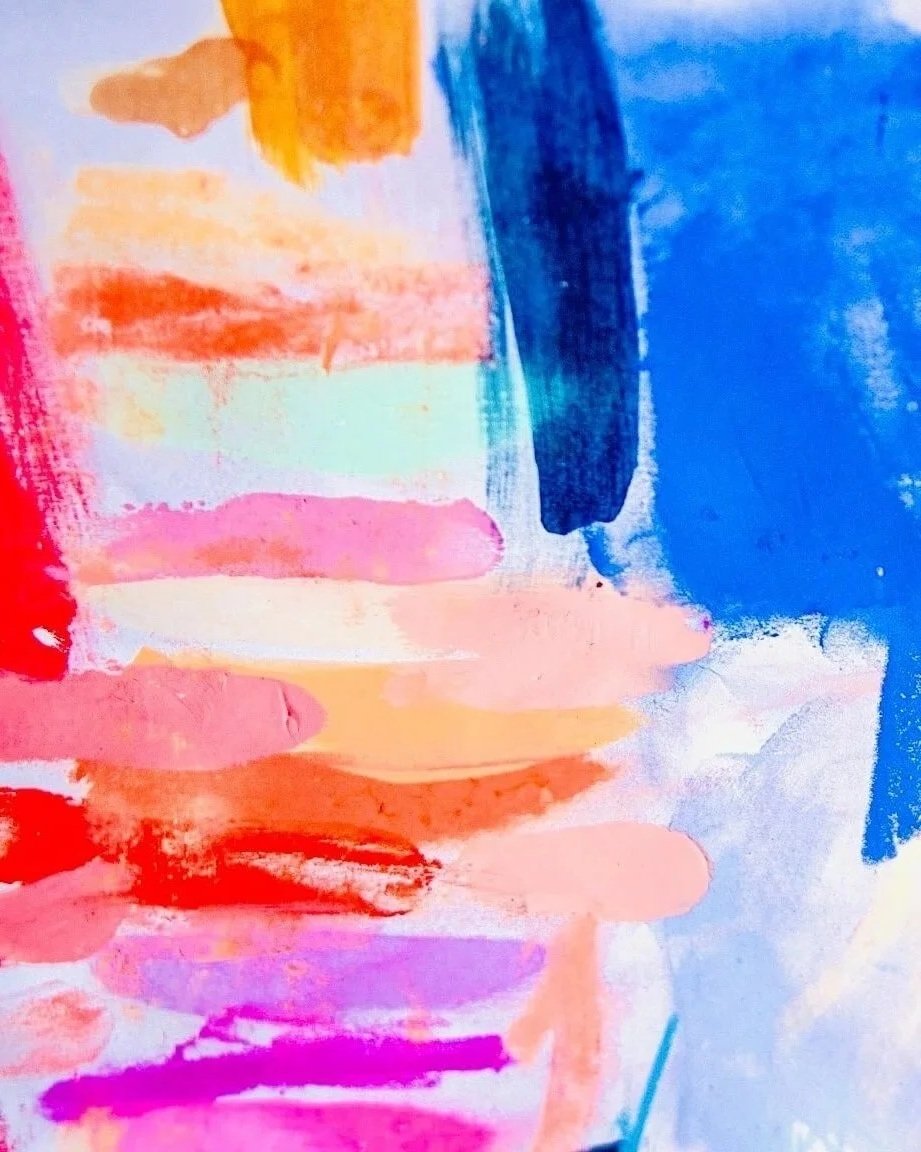 Patricia Rapp Abstract painting with bold brushstrokes in shades of pink, orange, red, purple, blue, and yellow.