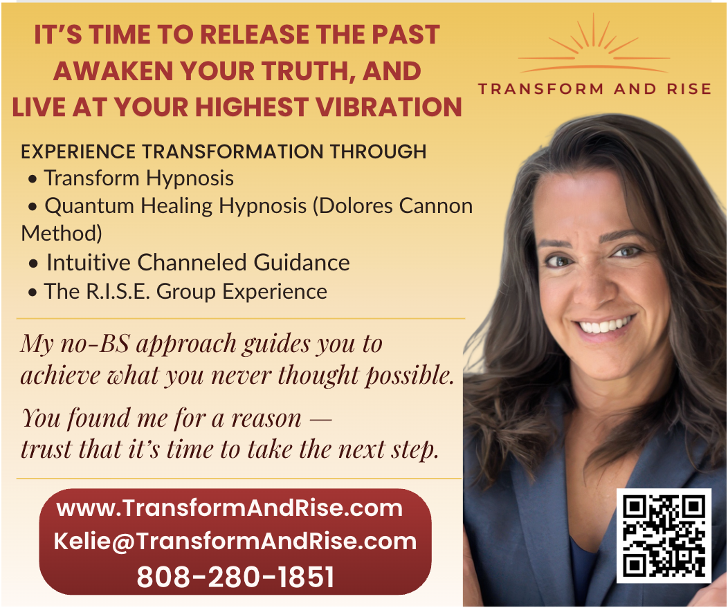  with brown, wavy hair smiling, wearing a navy blazer. The background features a yellow gradient with red and black text promoting transformation and healing services, a sun logo, and contact details including a website, email, phone number, and a QR code.