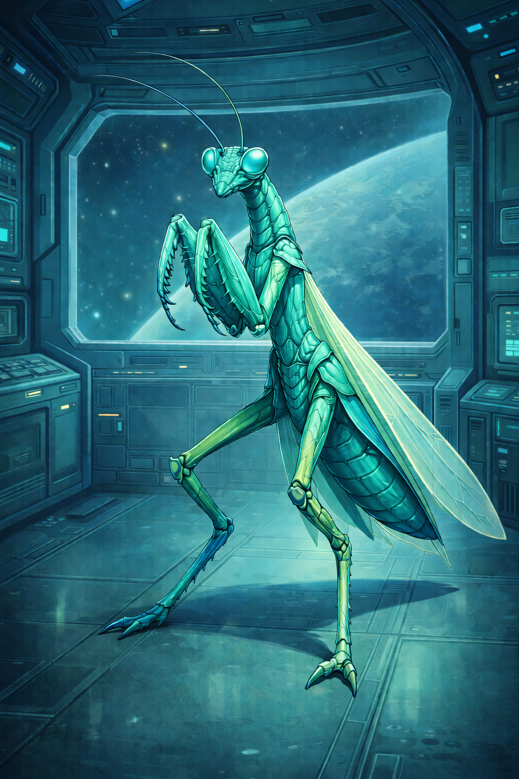 A futuristic illustration of a praying mantis inside a spaceship's control room with Earth visible through a large window.