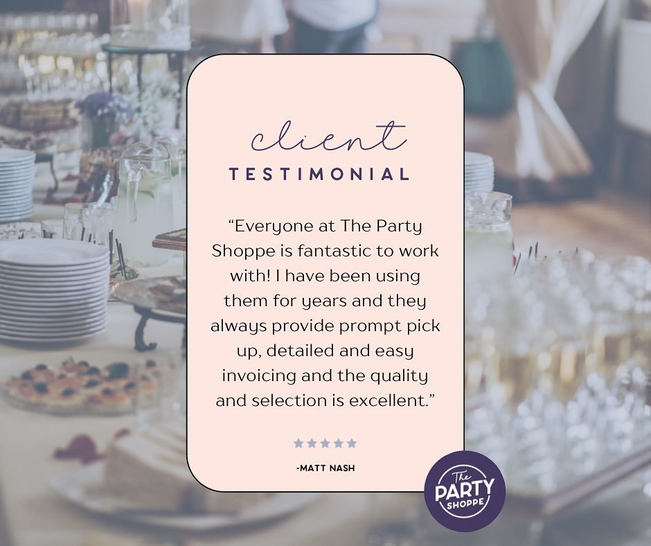 We are thrilled to share this glowing testimonial from one of our long-time clients! 🌟 We&rsquo;re beyond grateful for your kind words and loyalty. At The Party Shoppe, we strive for excellence in every aspect of your experience, from prompt pickups