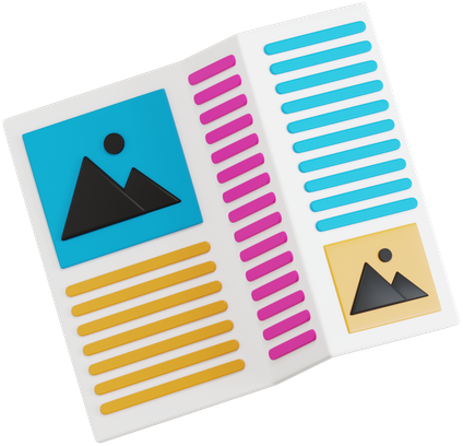 Open magazine with colorful text blocks and image placeholders on both pages.