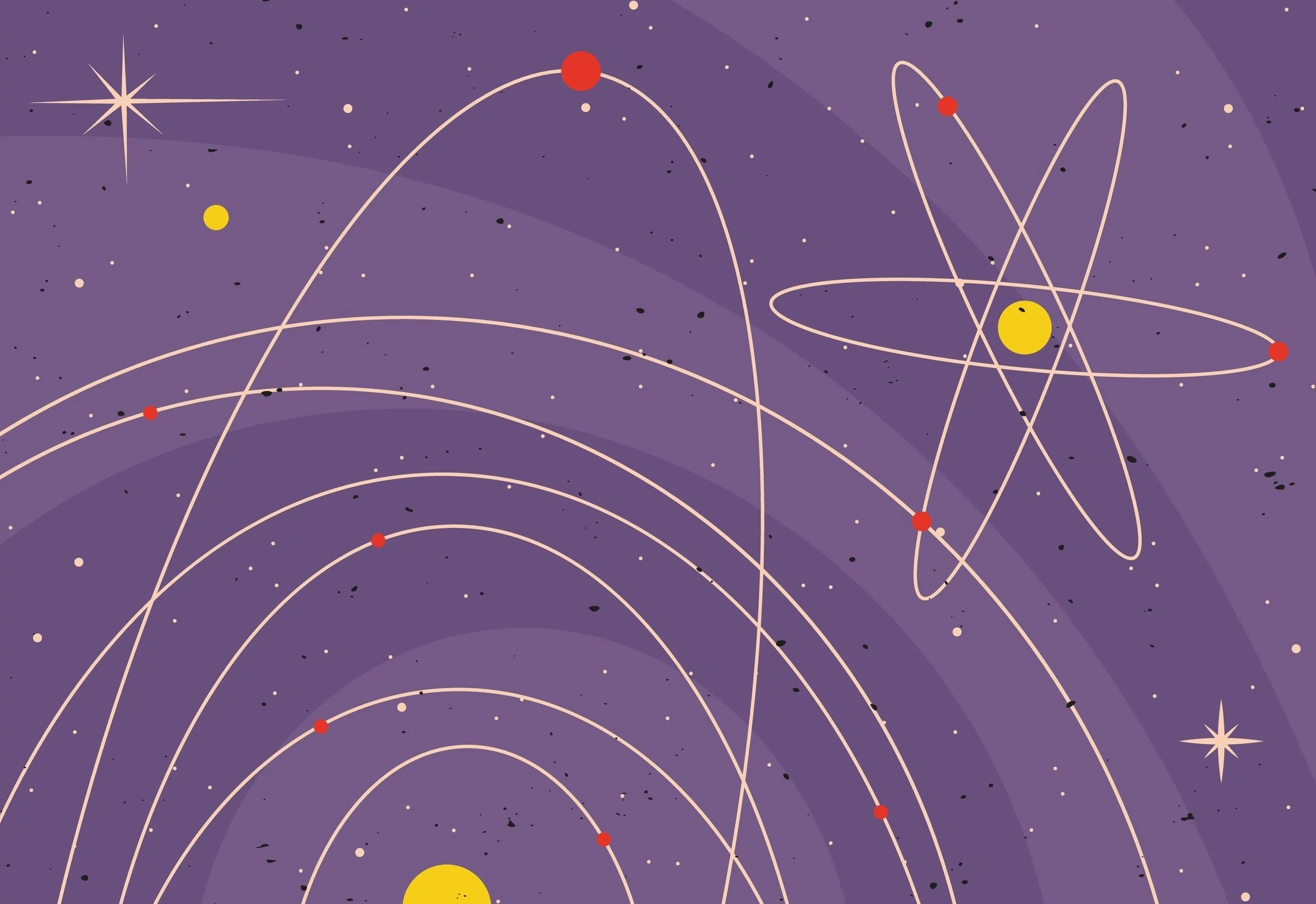 Illustration of an atomic structure with yellow and red electrons orbiting a central nucleus, set against a purple space background with stars and scattered black and white specks.