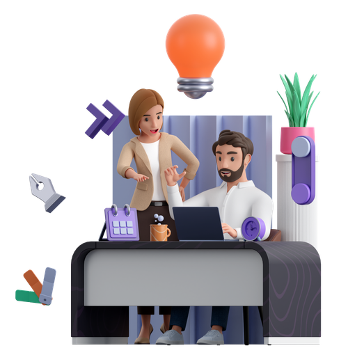 Animated illustration of a man and woman in a modern office, the woman is standing and pointing at the man who is sitting at a desk with a laptop, with a large lightbulb, potted plant, calendar, and other office supplies around them.