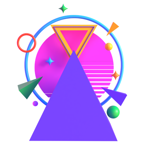 Colorful geometric shapes and abstract design with triangles, circles, and stars in vibrant neon colors.