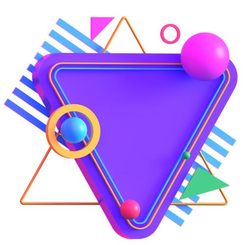 Colorful abstract 3D geometric shapes with neon accents, including triangles, spheres, and rings.