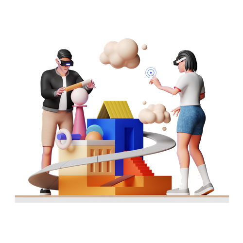 Two people using virtual reality headsets in a colorful, animated indoor play area with various geometric structures and clouds.