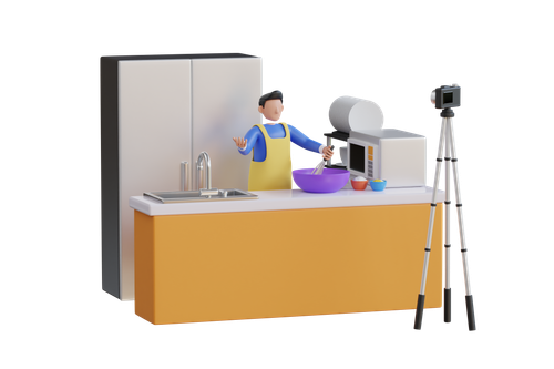 Animated person in kitchen with stand mixer, purple bowl, refrigerator, and camera on tripod.