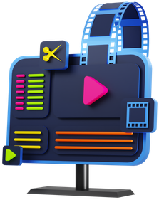 Digital illustration of a movie editing workspace with film strips, a play button, sliders, and media icons.