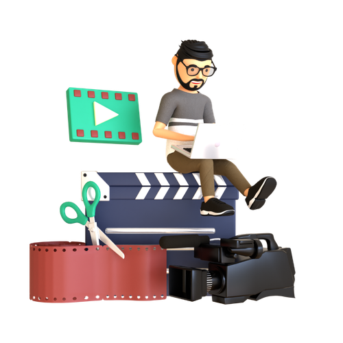 Animated character of a man with glasses and dark hair sitting on a bench with a laptop, surrounded by video editing icons and tools.