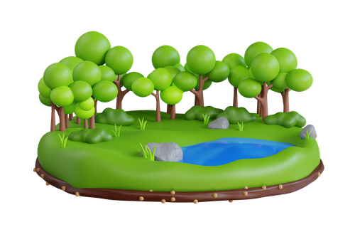 A small, animated or cartoon-style pond surrounded by green grass, trees, and rocks.
