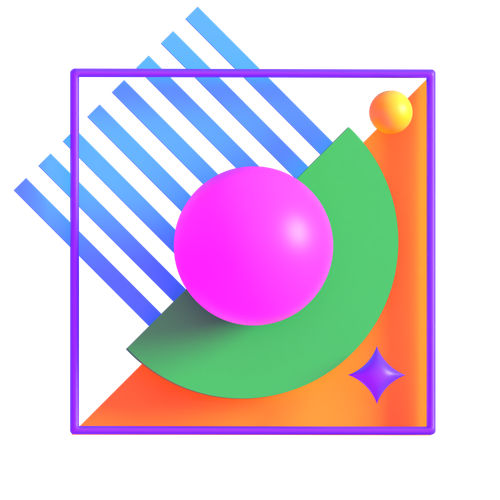 Colorful geometric abstract design featuring a large pink sphere, green crescent shape, small yellow sphere, and purple star within a neon square frame.