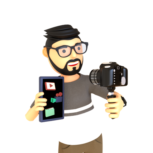 Cartoon man with beard and glasses holding a smartphone in one hand and a camera in the other.