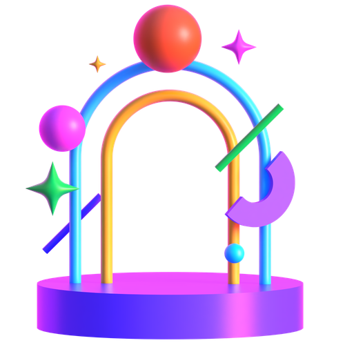Colorful abstract 3D geometric sculpture with arches, spheres, and star shapes in bright neon colors.
