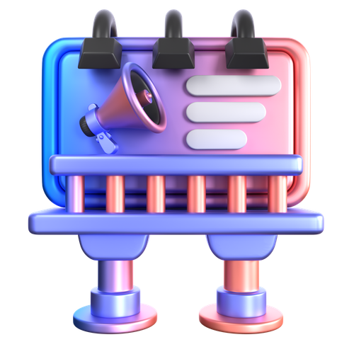 3D digital illustration of a marketing or communication setup with a megaphone, a computer screen displaying a list, and a striped barrier.