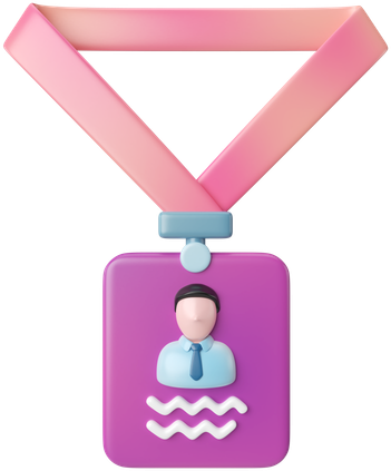 Purple employee ID badge with a clip, featuring a faceless illustration of a person in business attire and a wavy line design beneath.
