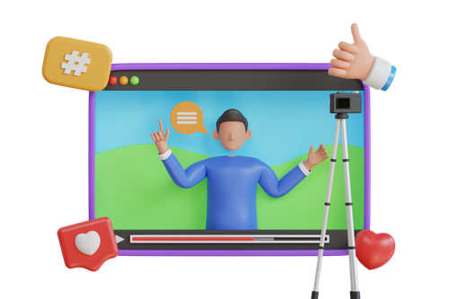 Digital illustration of a person on a video call or recording, with social media icons like a thumbs-up, heart, and hashtag around the screen, and a camera on a tripod.