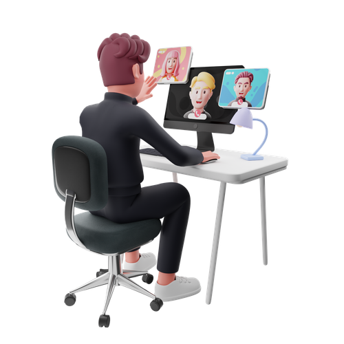 Person sitting at a desk participating in a virtual video call with multiple people on computer screens, with a lamp and a chair, in an office or home office setting.