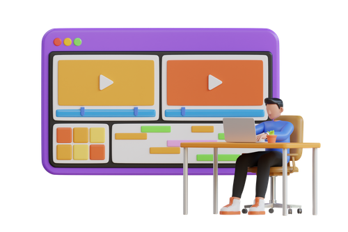 Person working on a laptop at a desk with video editing software displayed on a large screen behind them.